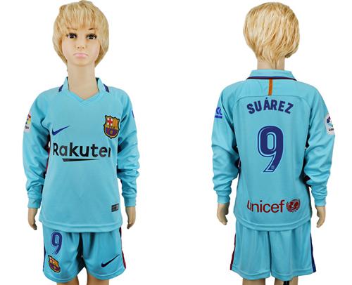 Barcelona #9 Suarez Away Long Sleeves Kid Soccer Club Jersey - Click Image to Close